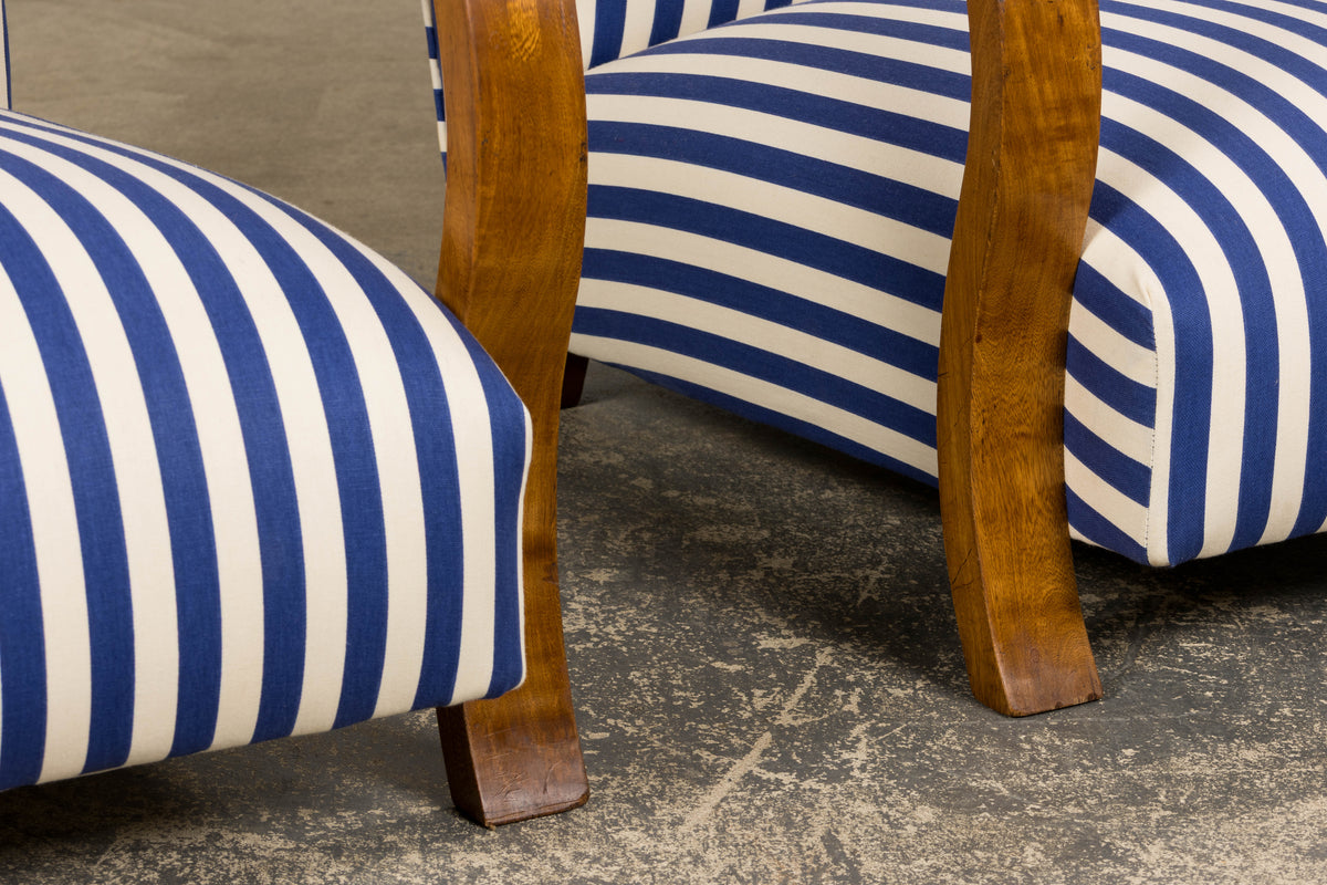 1930s French Art Deco Walnut Bridge Arm Lounge Chairs in Blue Stripe - A Pair