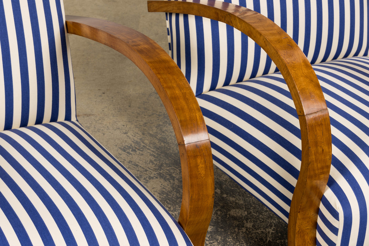 1930s French Art Deco Walnut Bridge Arm Lounge Chairs in Blue Stripe - A Pair