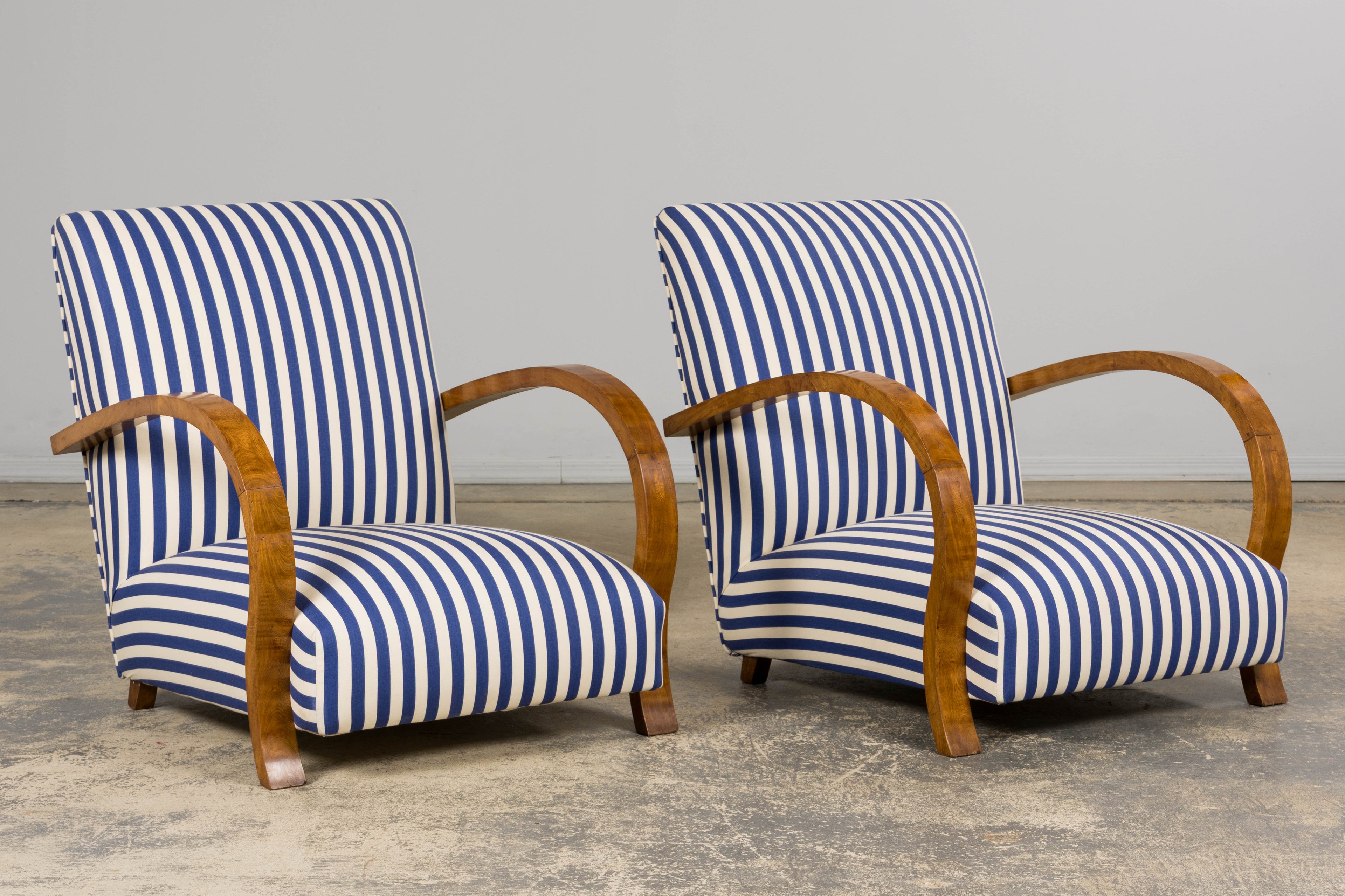 1930s French Art Deco Walnut Bridge Arm Lounge Chairs in Blue Stripe - A Pair