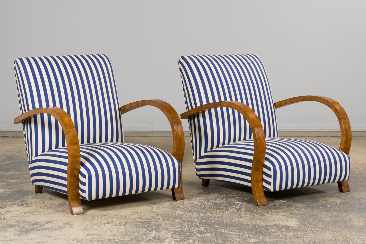 1930s French Art Deco Walnut Bridge Arm Lounge Chairs in Blue Stripe - A Pair