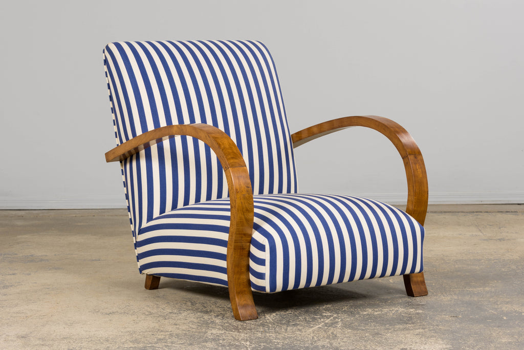 1930s French Art Deco Walnut Bridge Arm Lounge Chairs in Blue Stripe - A Pair
