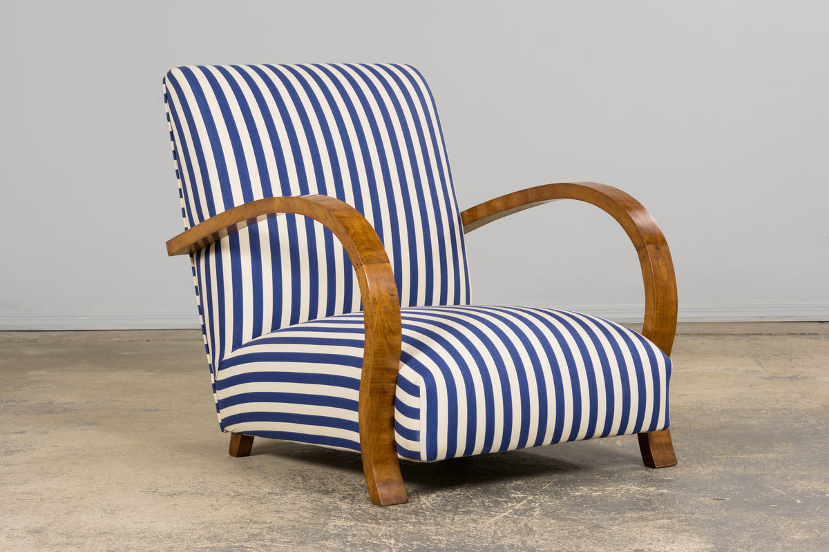 1930s French Art Deco Walnut Bridge Arm Lounge Chairs in Blue Stripe - A Pair