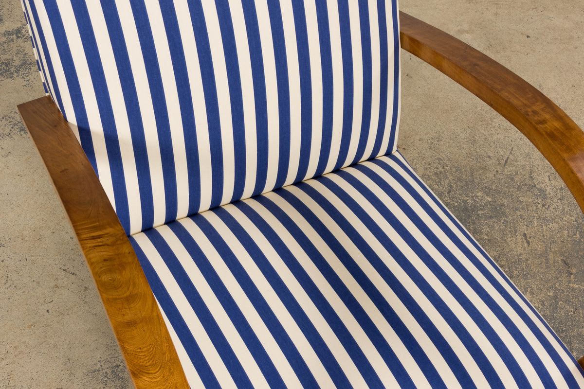 1930s French Art Deco Walnut Bridge Arm Lounge Chairs in Blue Stripe - A Pair