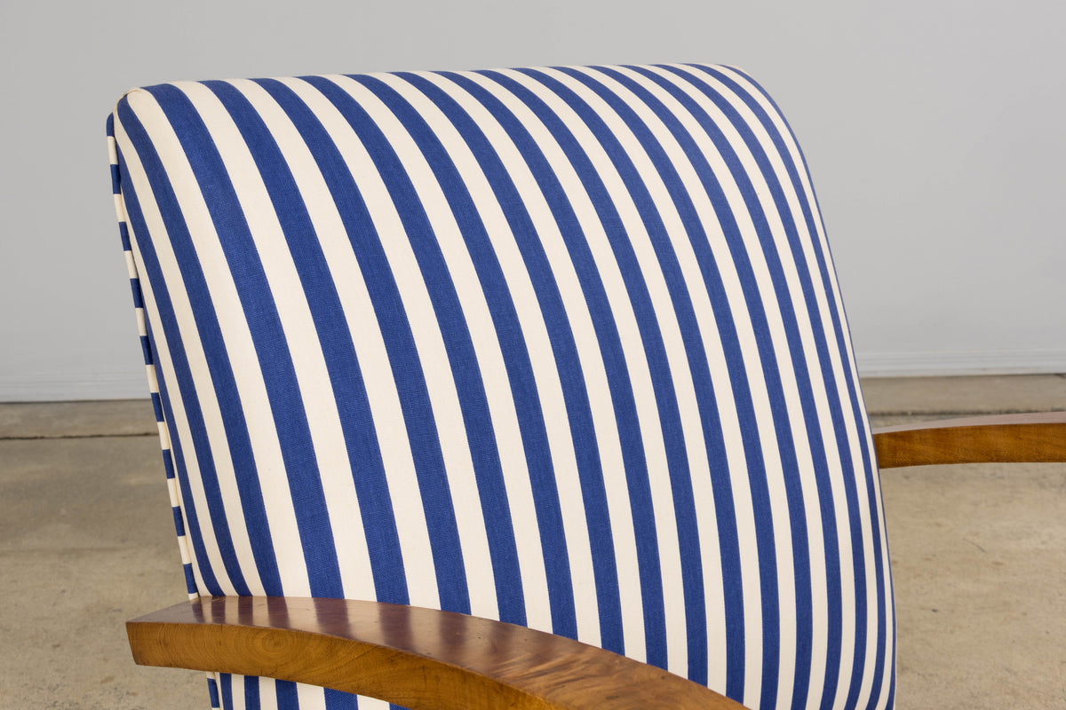 1930s French Art Deco Walnut Bridge Arm Lounge Chairs in Blue Stripe - A Pair