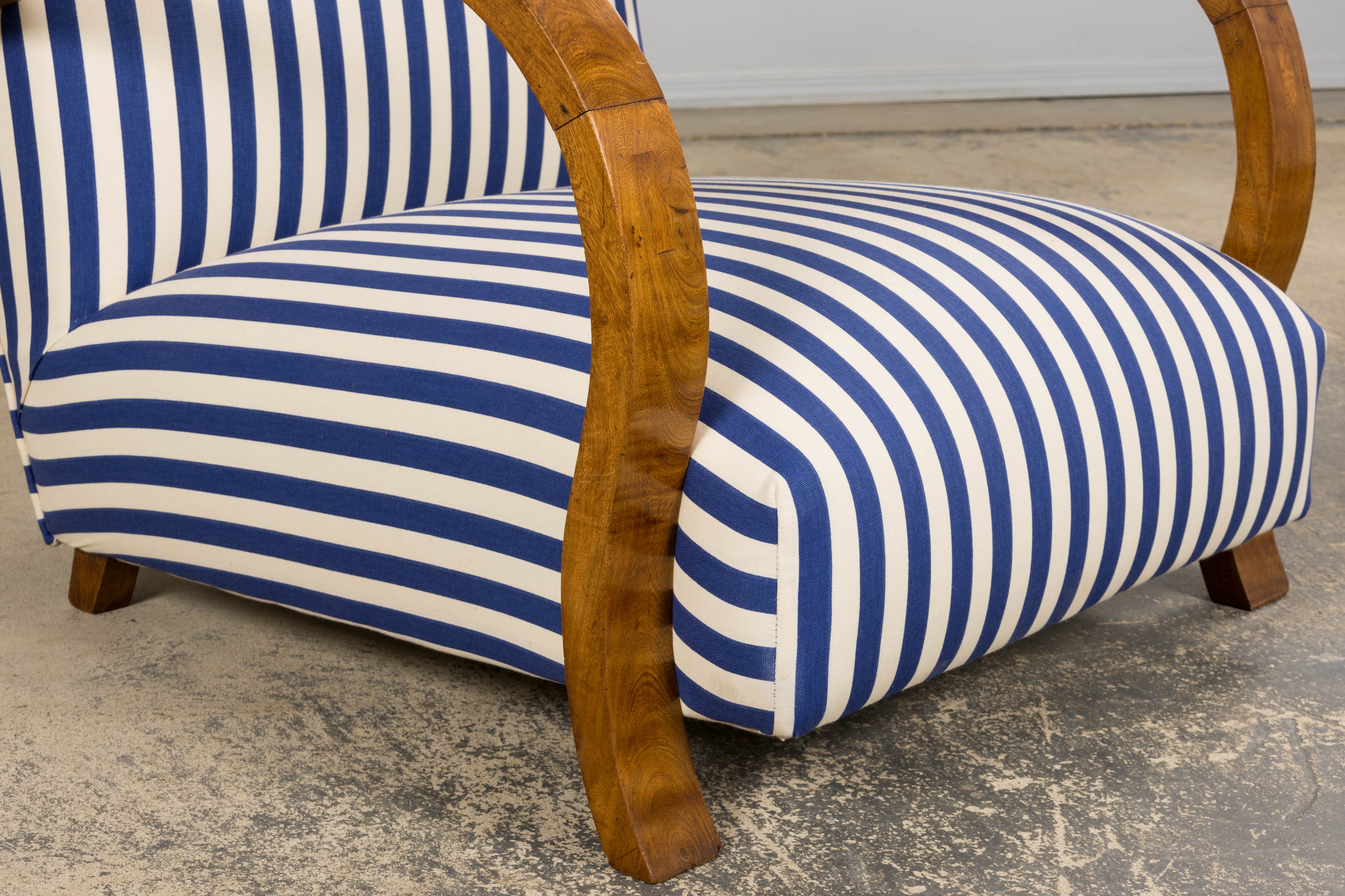 1930s French Art Deco Walnut Bridge Arm Lounge Chairs in Blue Stripe - A Pair