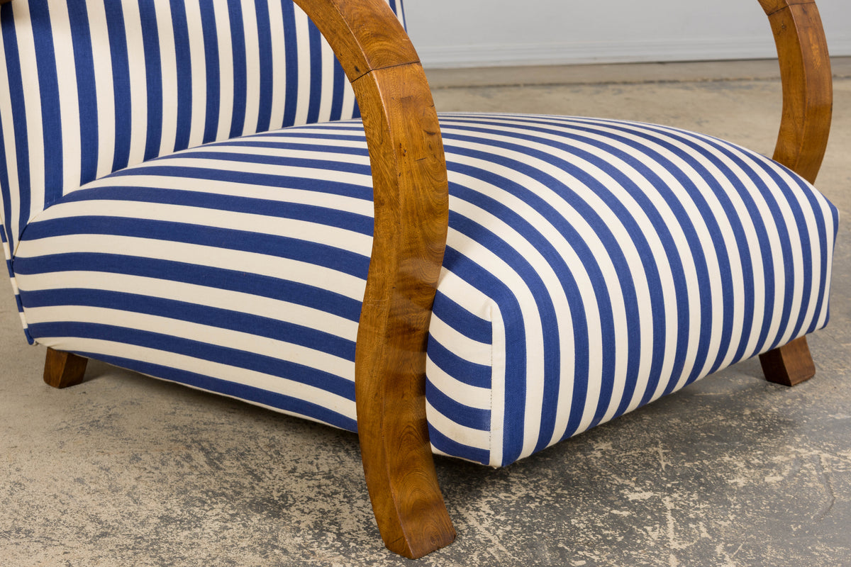 1930s French Art Deco Walnut Bridge Arm Lounge Chairs in Blue Stripe - A Pair