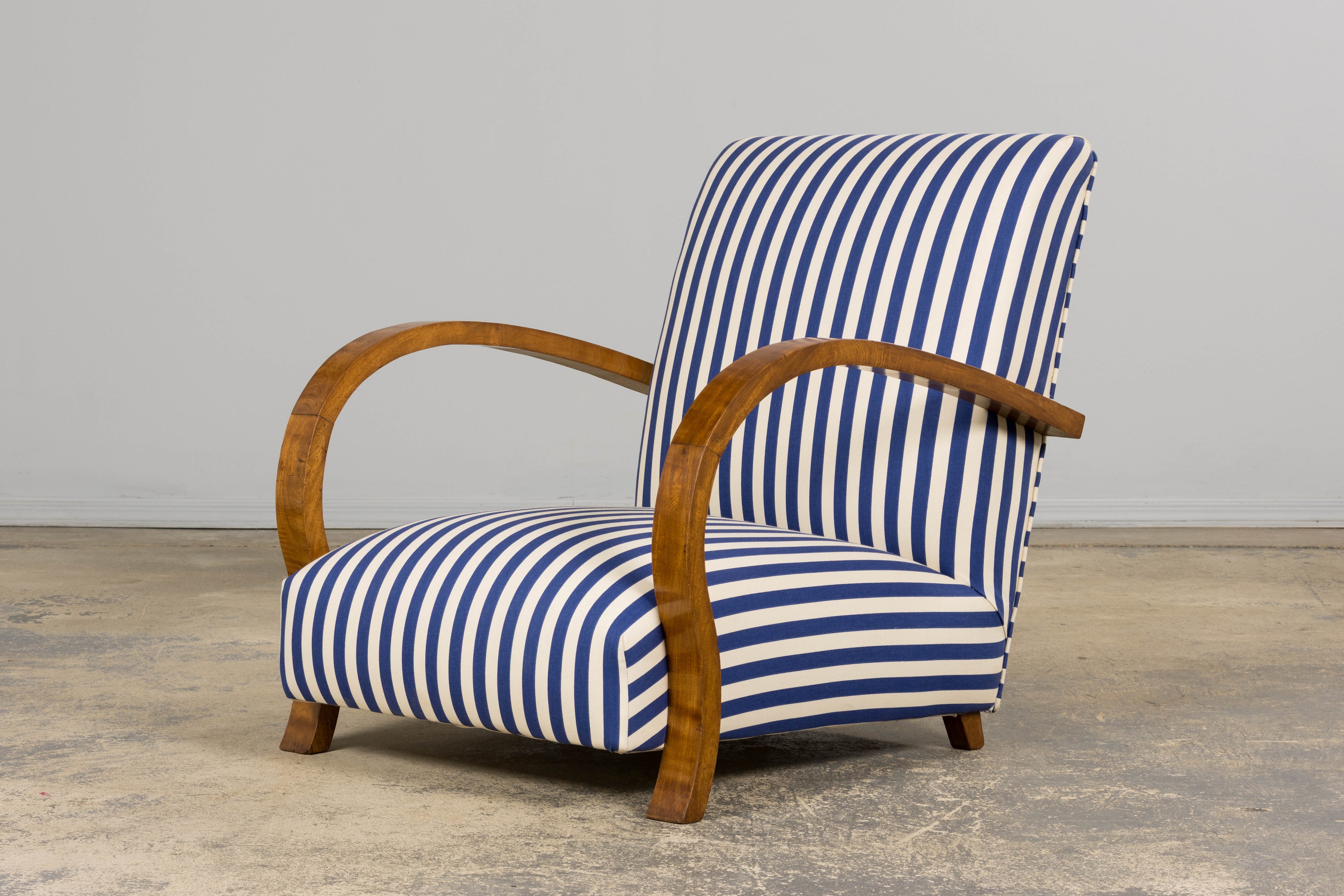 1930s French Art Deco Walnut Bridge Arm Lounge Chairs in Blue Stripe - A Pair