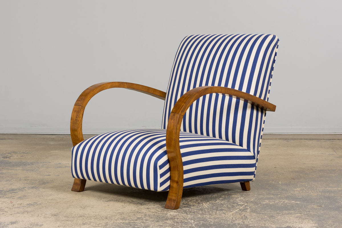 1930s French Art Deco Walnut Bridge Arm Lounge Chairs in Blue Stripe - A Pair