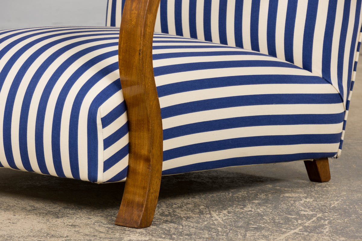 1930s French Art Deco Walnut Bridge Arm Lounge Chairs in Blue Stripe - A Pair