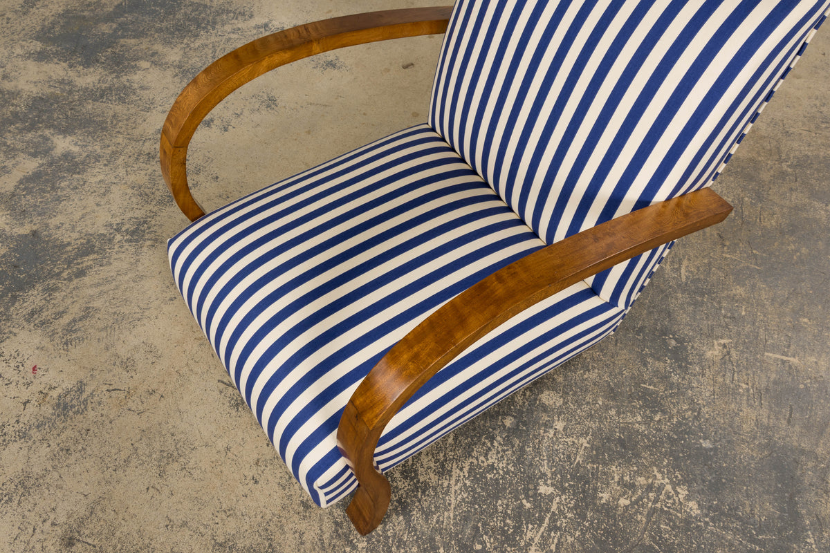 1930s French Art Deco Walnut Bridge Arm Lounge Chairs in Blue Stripe - A Pair