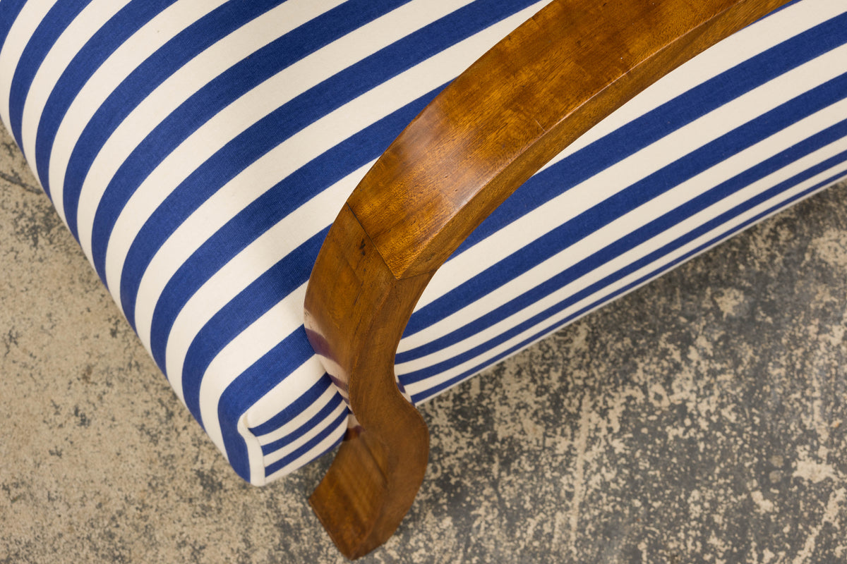1930s French Art Deco Walnut Bridge Arm Lounge Chairs in Blue Stripe - A Pair