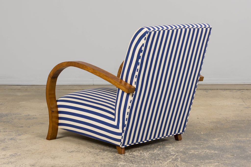 1930s French Art Deco Walnut Bridge Arm Lounge Chairs in Blue Stripe - A Pair