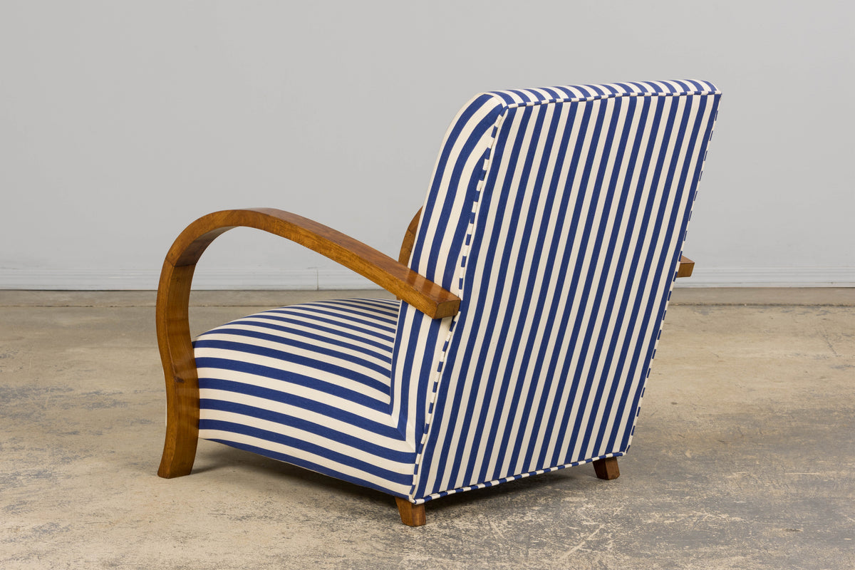 1930s French Art Deco Walnut Bridge Arm Lounge Chairs in Blue Stripe - A Pair