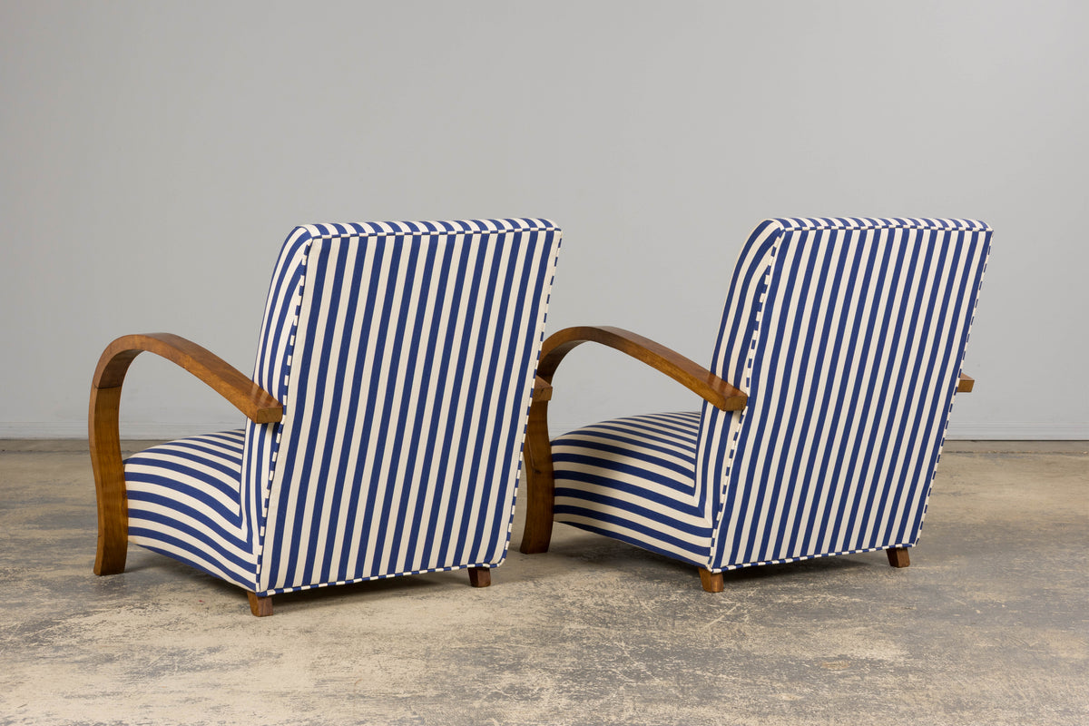1930s French Art Deco Walnut Bridge Arm Lounge Chairs in Blue Stripe - A Pair