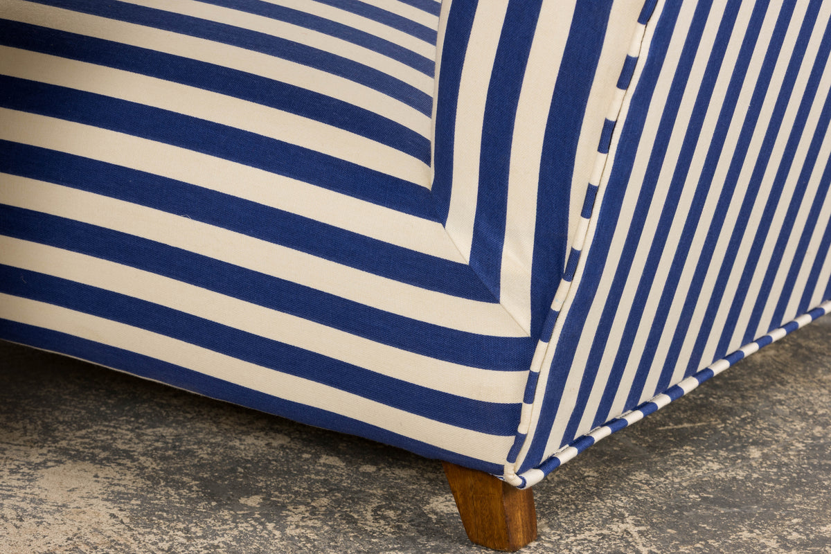 1930s French Art Deco Walnut Bridge Arm Lounge Chairs in Blue Stripe - A Pair