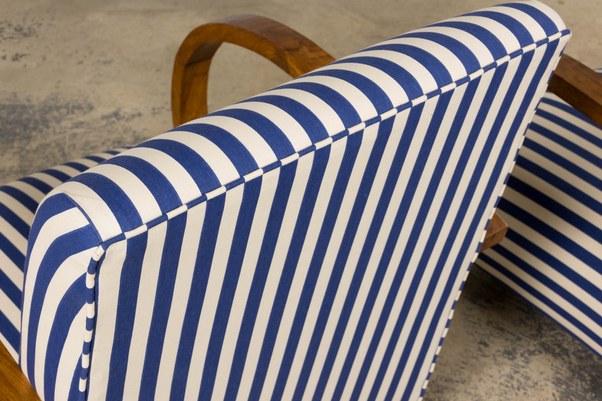 1930s French Art Deco Walnut Bridge Arm Lounge Chairs in Blue Stripe - A Pair