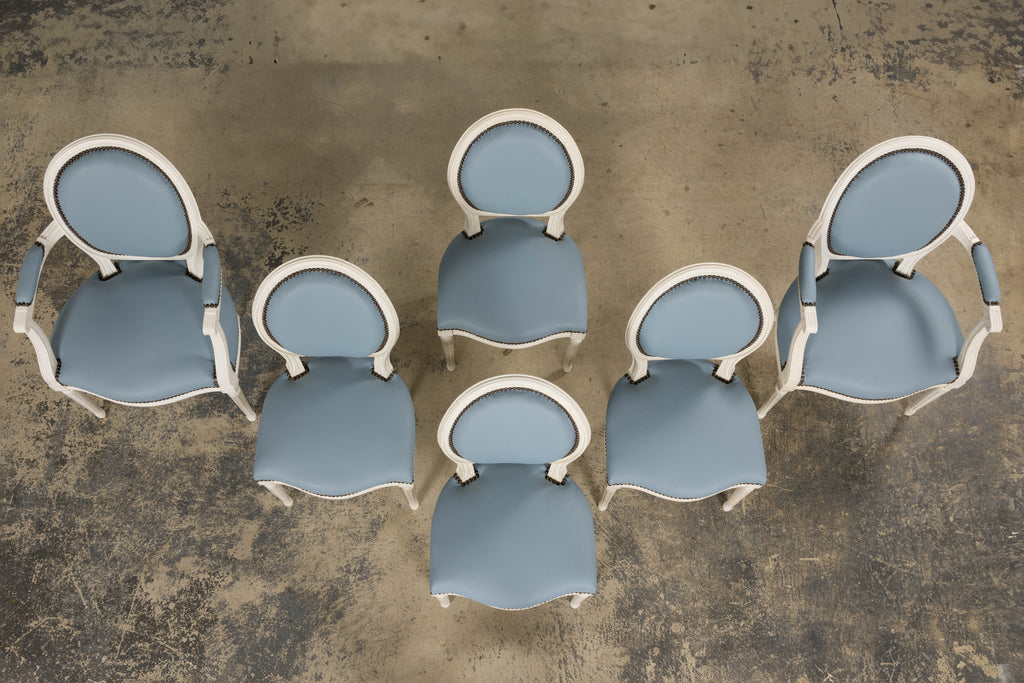 Antique French Louis XVI Style Painted Dining Chairs in Sky Blue Leather - Set of 6