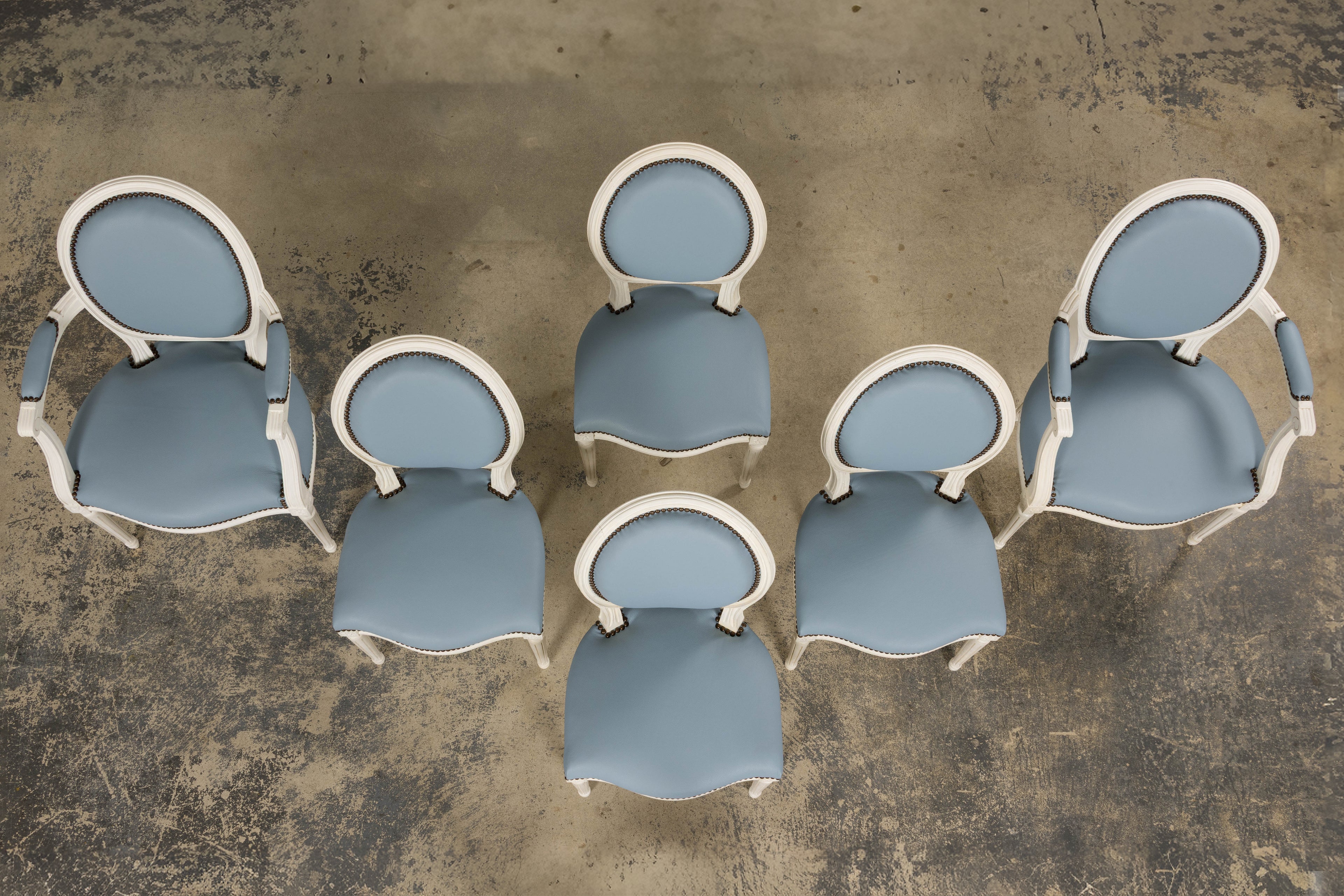 Antique French Louis XVI Style Painted Dining Chairs in Sky Blue Leather - Set of 6