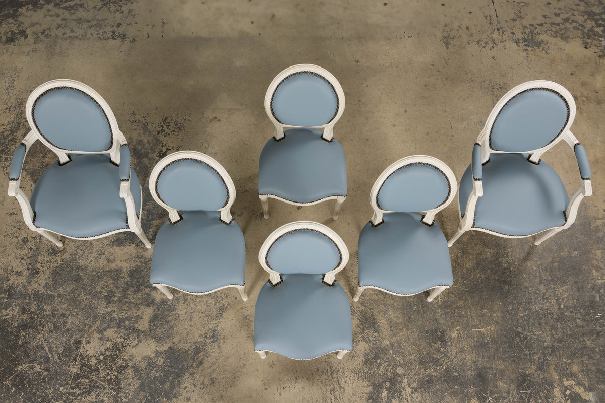 Antique French Louis XVI Style Painted Dining Chairs in Sky Blue Leather - Set of 6