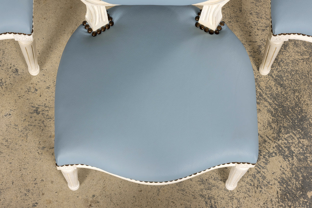 Antique French Louis XVI Style Painted Dining Chairs in Sky Blue Leather - Set of 6