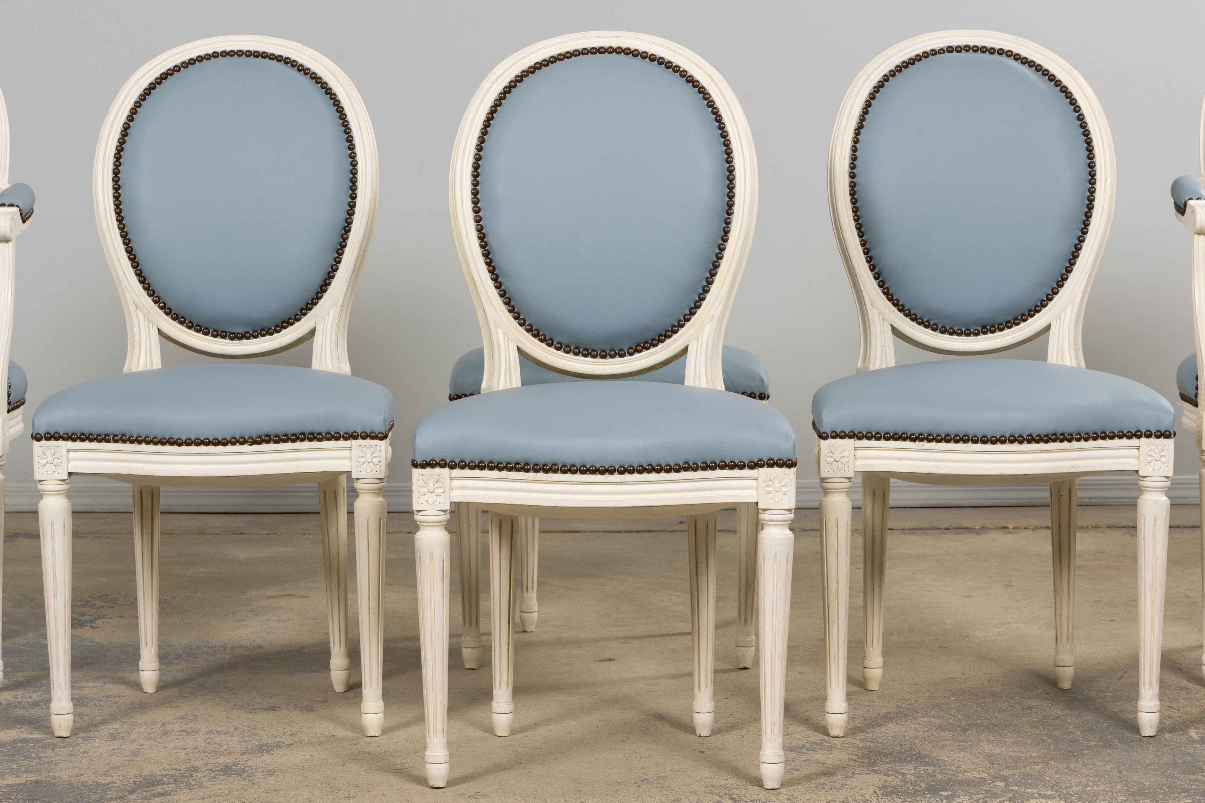 Antique French Louis XVI Style Painted Dining Chairs in Sky Blue Leather - Set of 6
