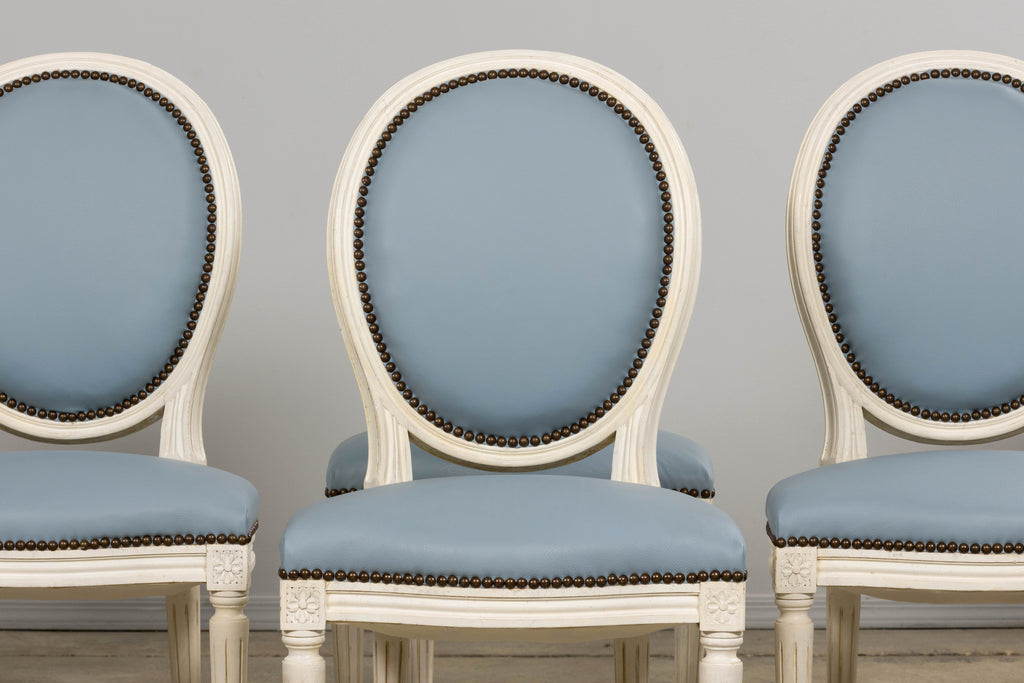 Antique French Louis XVI Style Painted Dining Chairs in Sky Blue Leather - Set of 6