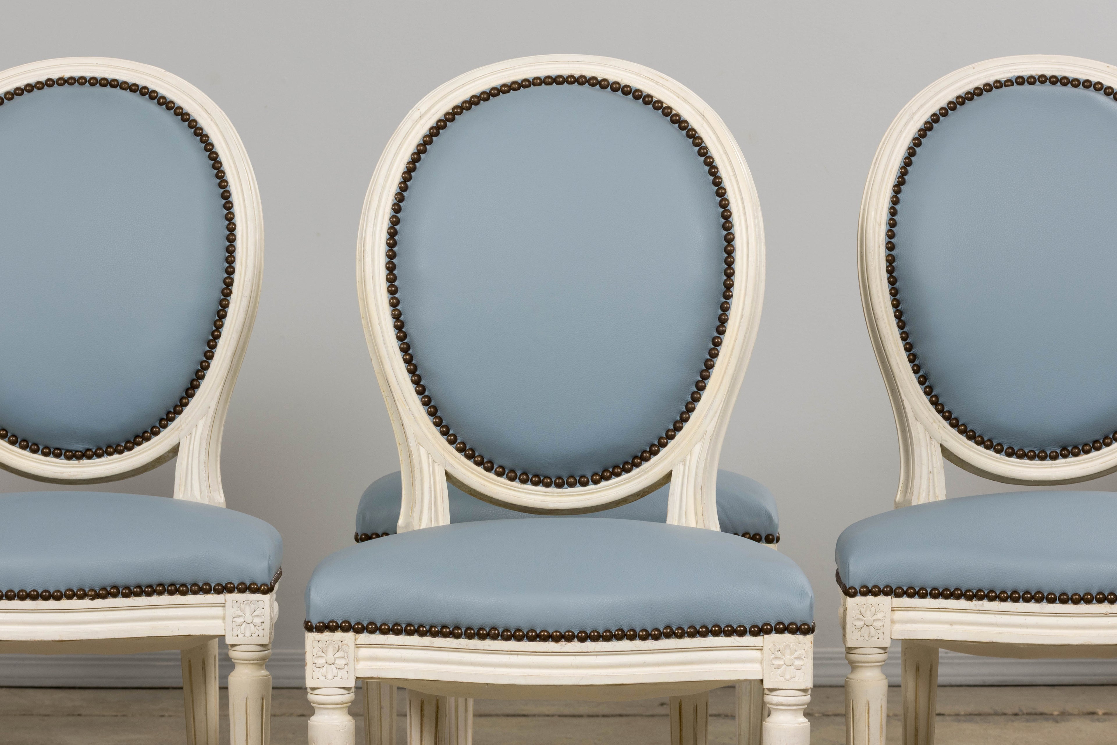 Antique French Louis XVI Style Painted Dining Chairs in Sky Blue Leather - Set of 6