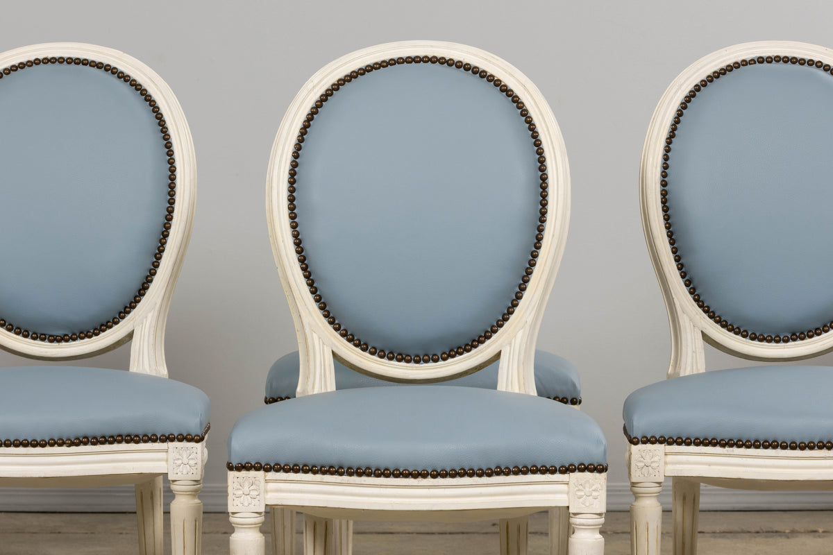Antique French Louis XVI Style Painted Dining Chairs in Sky Blue Leather - Set of 6