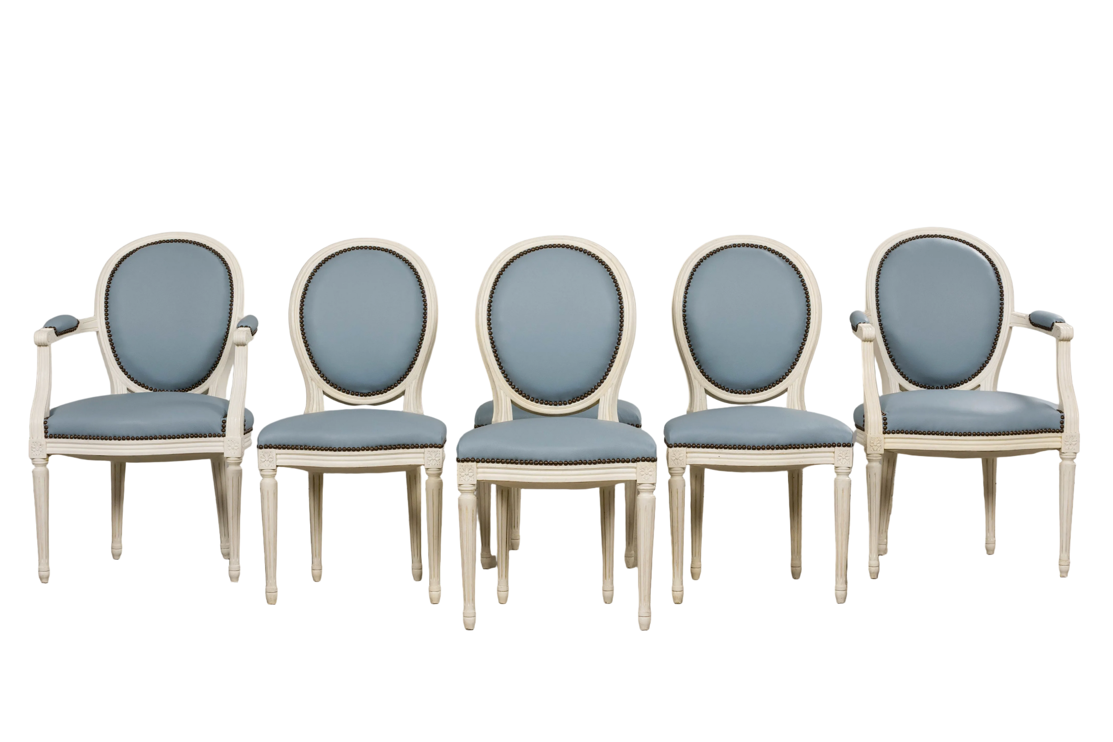 Antique French Louis XVI Style Painted Dining Chairs in Sky Blue Leather - Set of 6