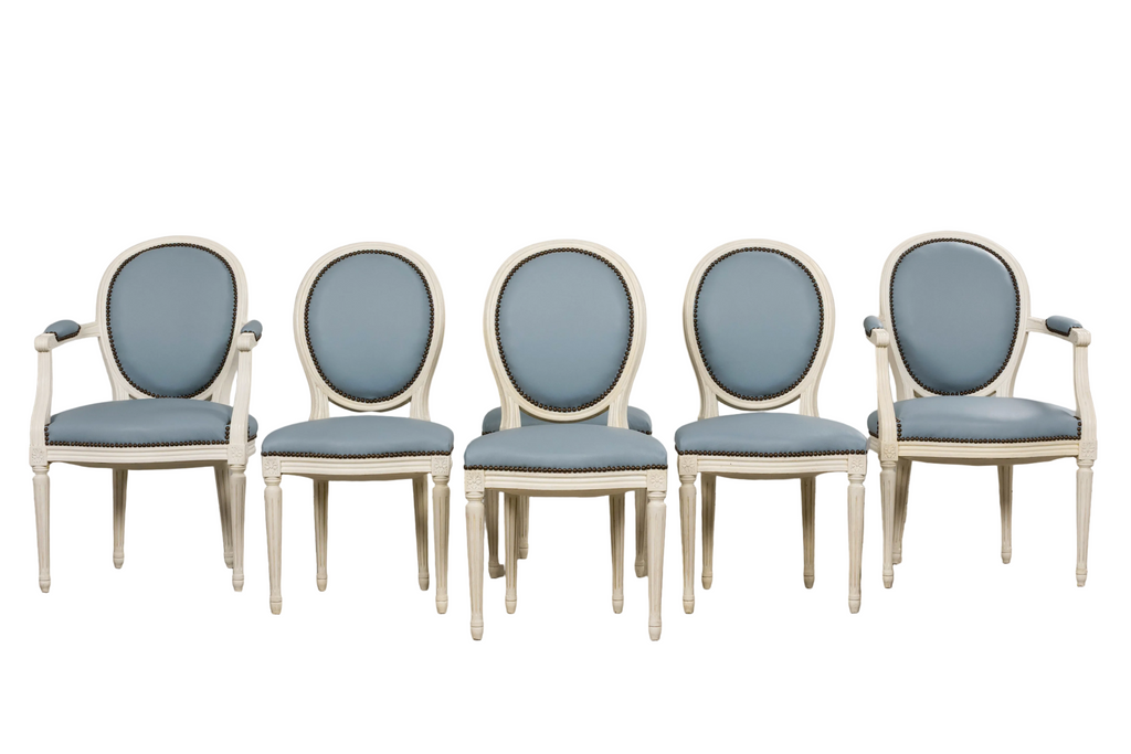 Antique French Louis XVI Style Painted Dining Chairs in Sky Blue Leather - Set of 6