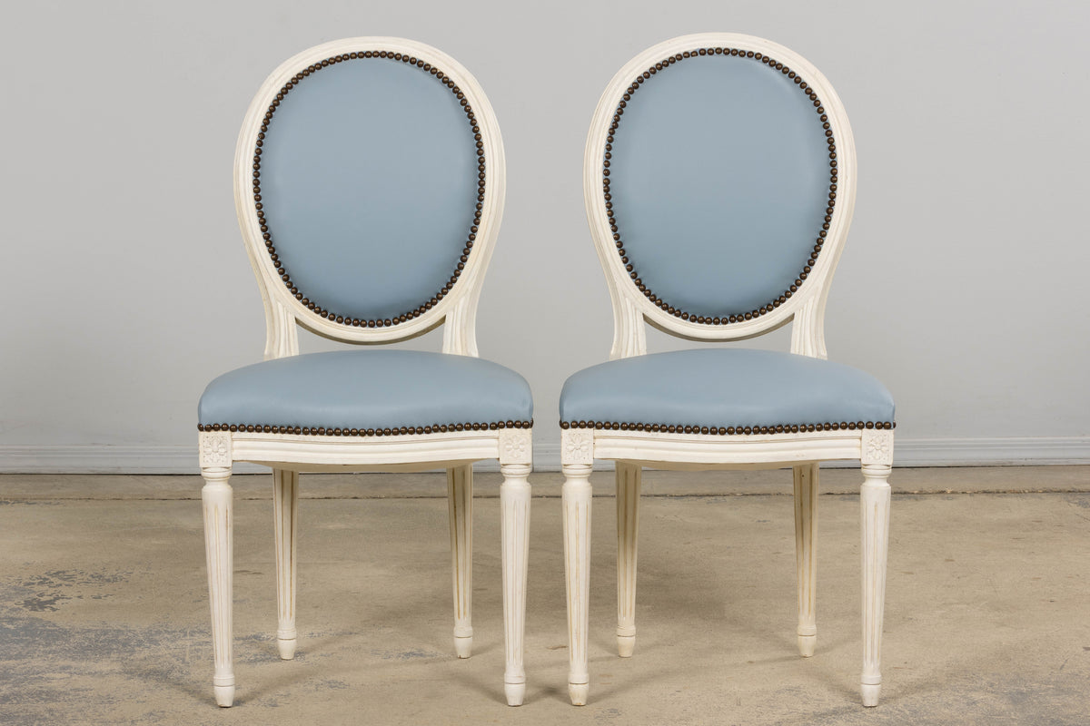 Antique French Louis XVI Style Painted Dining Chairs in Sky Blue Leather - Set of 6