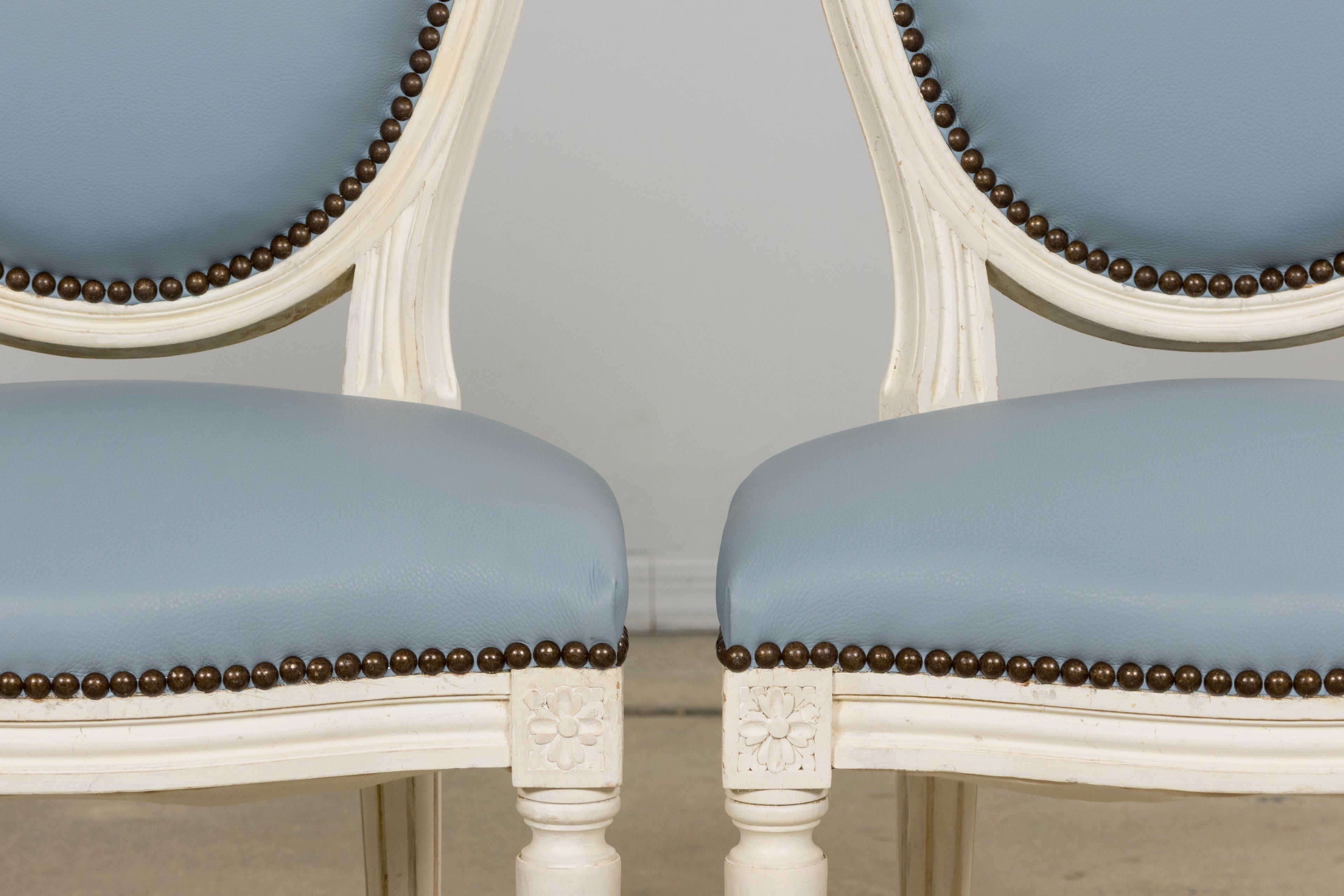 Antique French Louis XVI Style Painted Dining Chairs in Sky Blue Leather - Set of 6