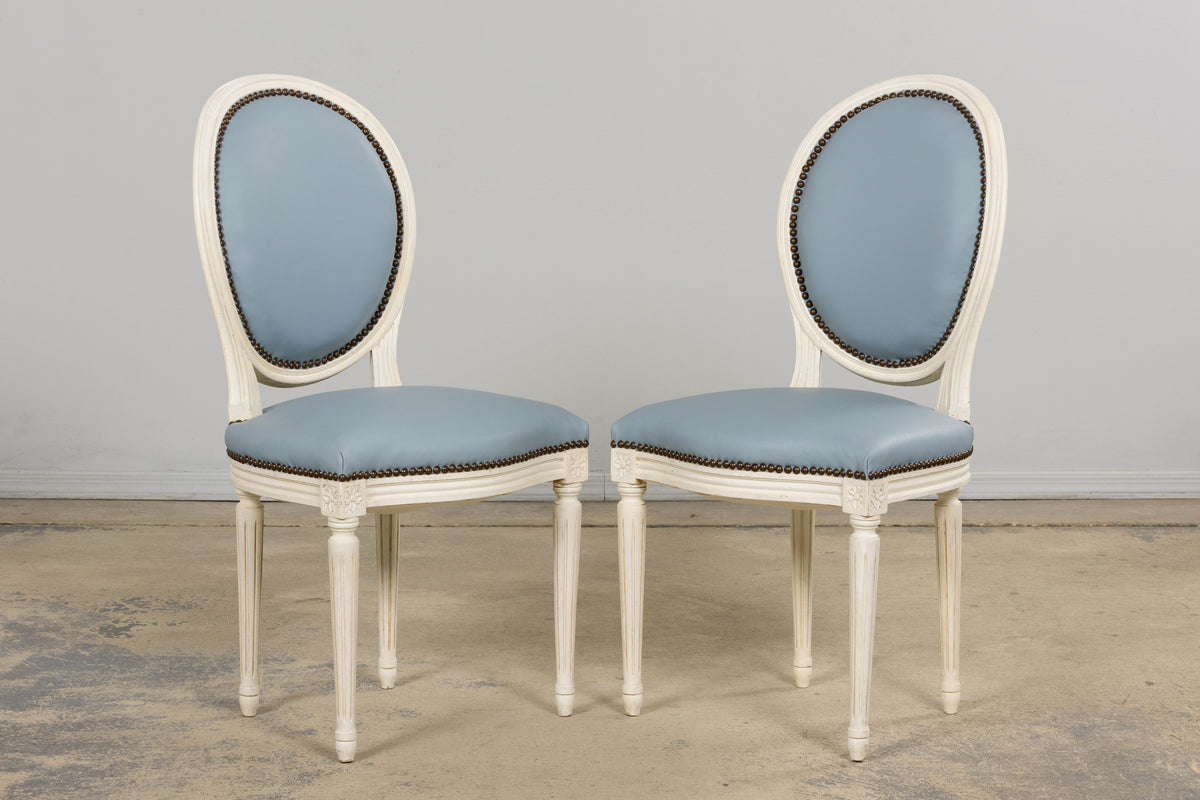 Antique French Louis XVI Style Painted Dining Chairs in Sky Blue Leather - Set of 6