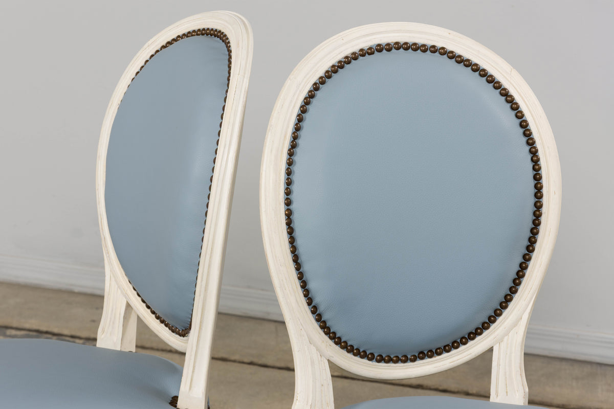 Antique French Louis XVI Style Painted Dining Chairs in Sky Blue Leather - Set of 6