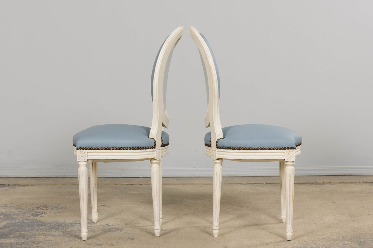 Antique French Louis XVI Style Painted Dining Chairs in Sky Blue Leather - Set of 6