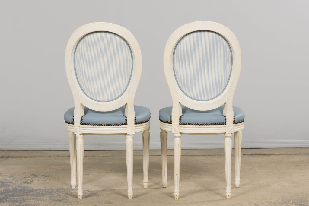 Antique French Louis XVI Style Painted Dining Chairs in Sky Blue Leather - Set of 6