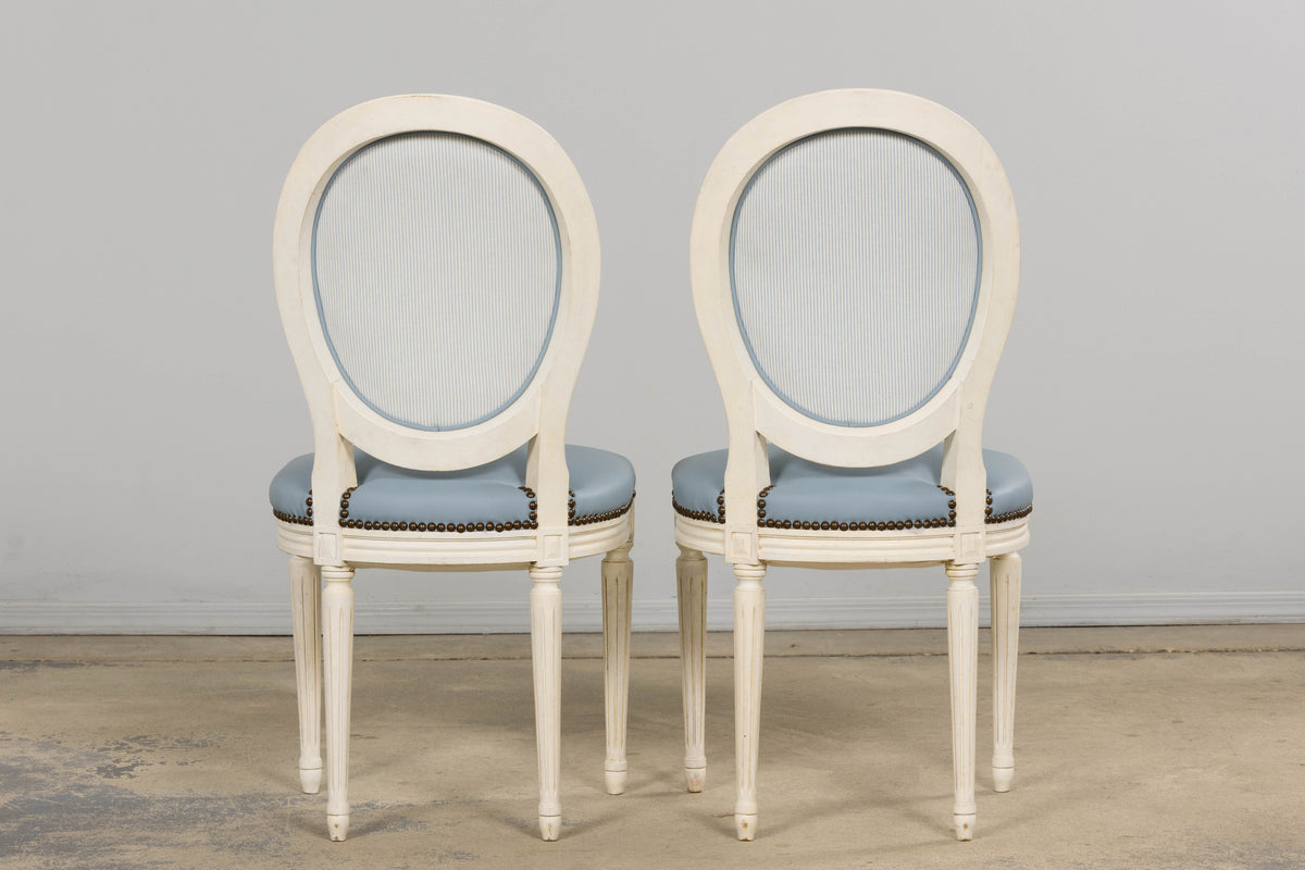 Antique French Louis XVI Style Painted Dining Chairs in Sky Blue Leather - Set of 6