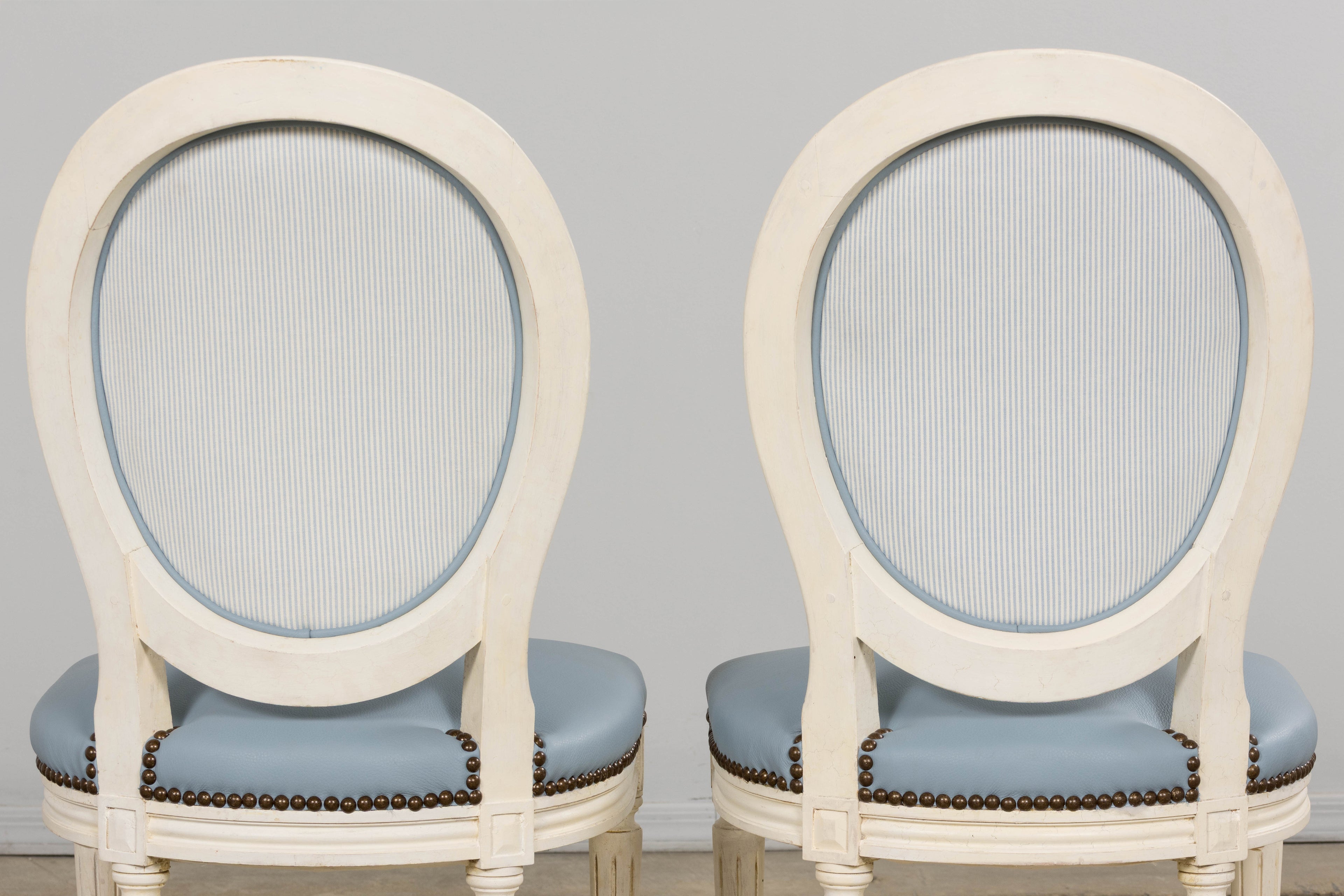 Antique French Louis XVI Style Painted Dining Chairs in Sky Blue Leather - Set of 6