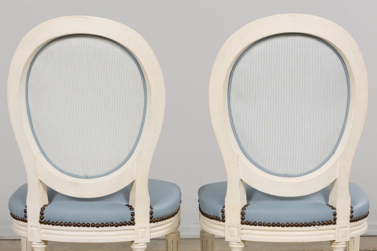 Antique French Louis XVI Style Painted Dining Chairs in Sky Blue Leather - Set of 6