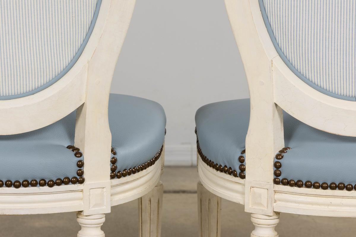 Antique French Louis XVI Style Painted Dining Chairs in Sky Blue Leather - Set of 6