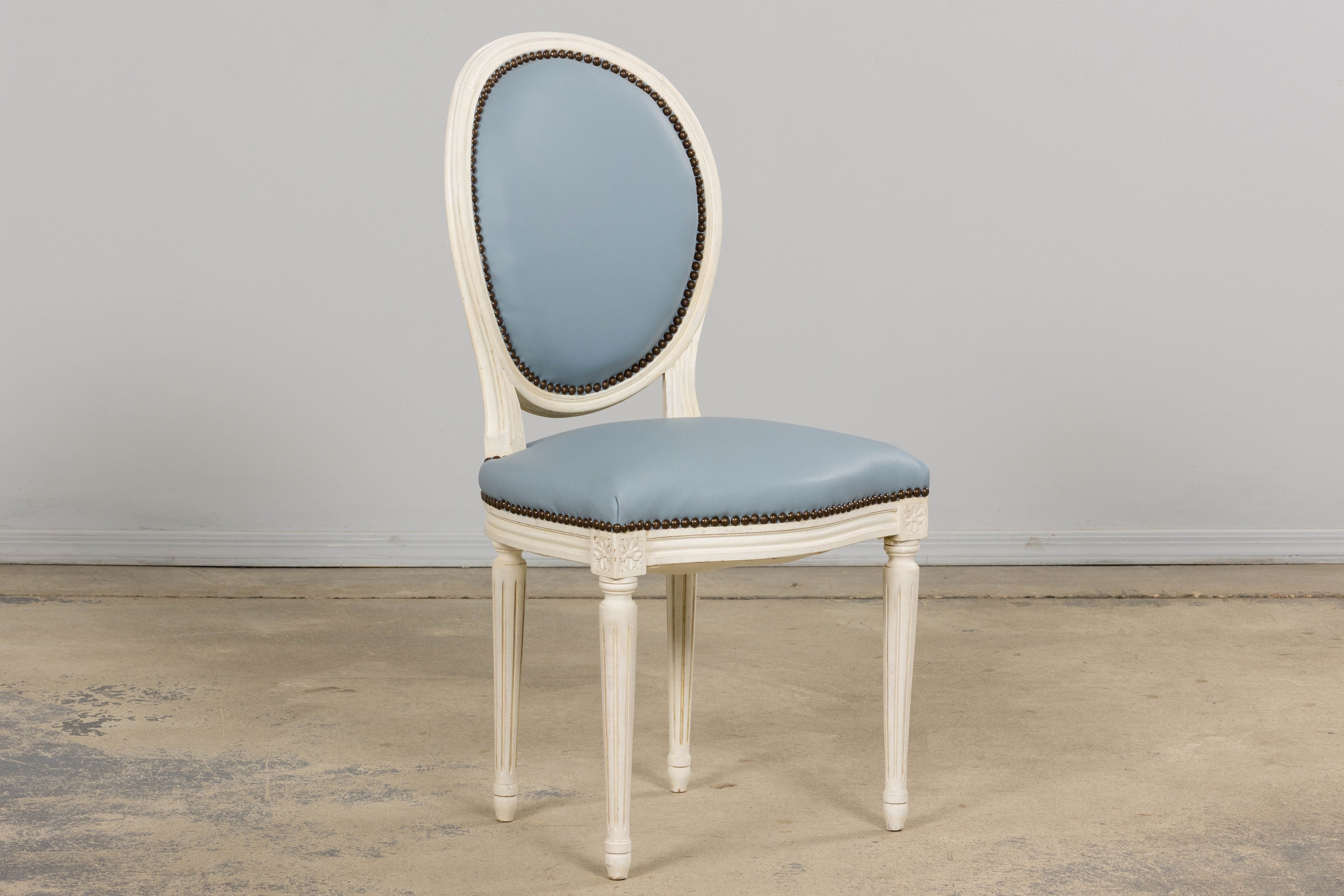 Antique French Louis XVI Style Painted Dining Chairs in Sky Blue Leather - Set of 6