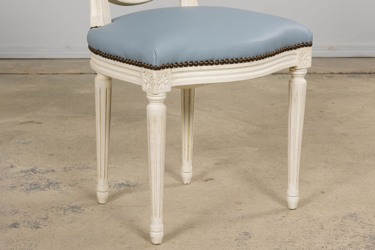 Antique French Louis XVI Style Painted Dining Chairs in Sky Blue Leather - Set of 6
