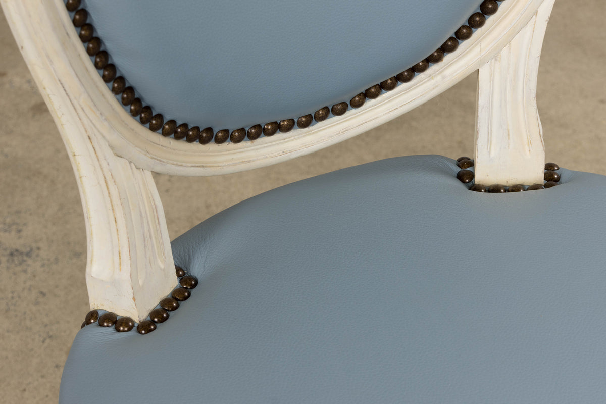 Antique French Louis XVI Style Painted Dining Chairs in Sky Blue Leather - Set of 6