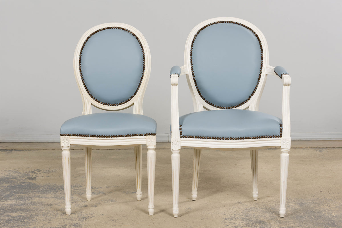 Antique French Louis XVI Style Painted Dining Chairs in Sky Blue Leather - Set of 6