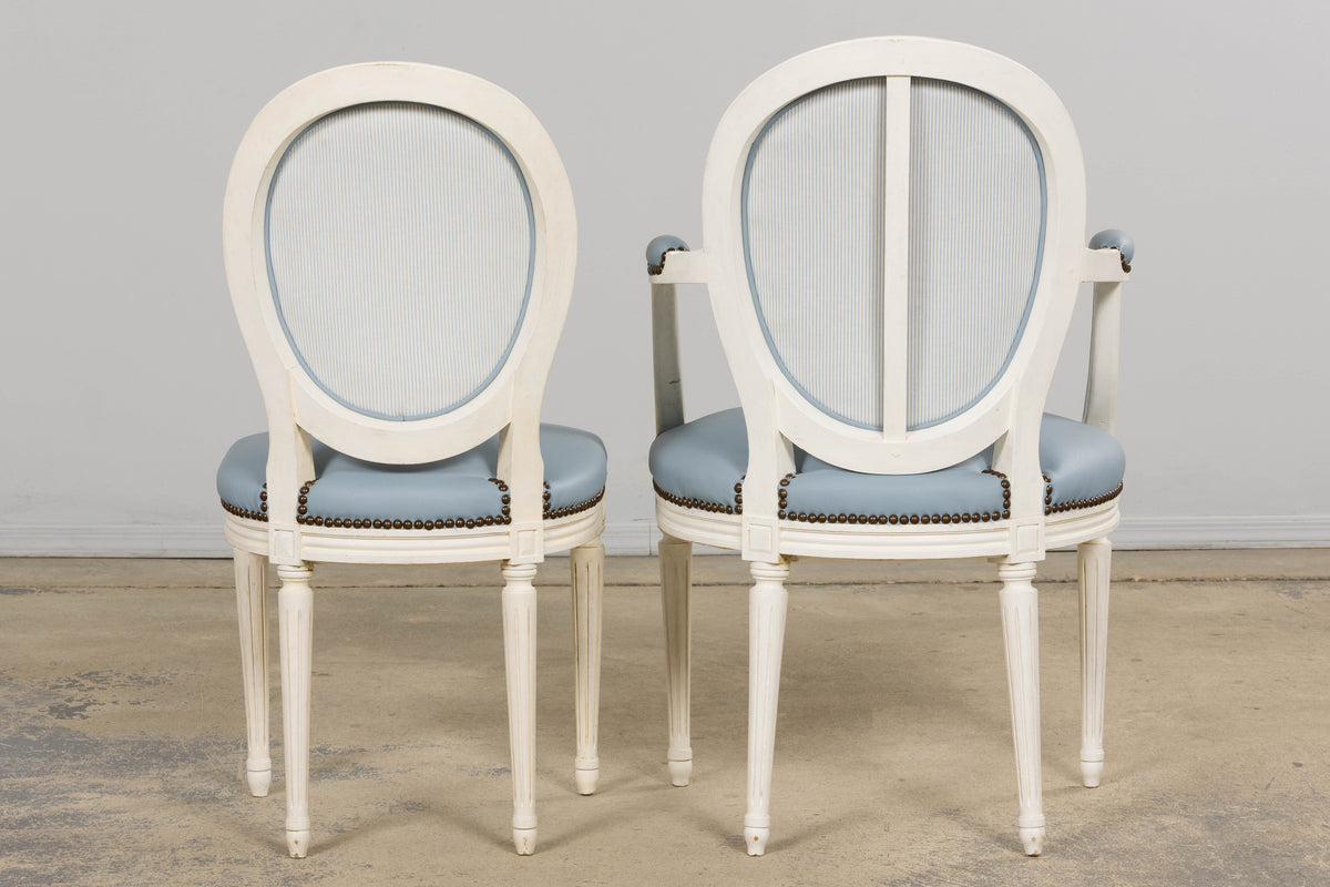 Antique French Louis XVI Style Painted Dining Chairs in Sky Blue Leather - Set of 6
