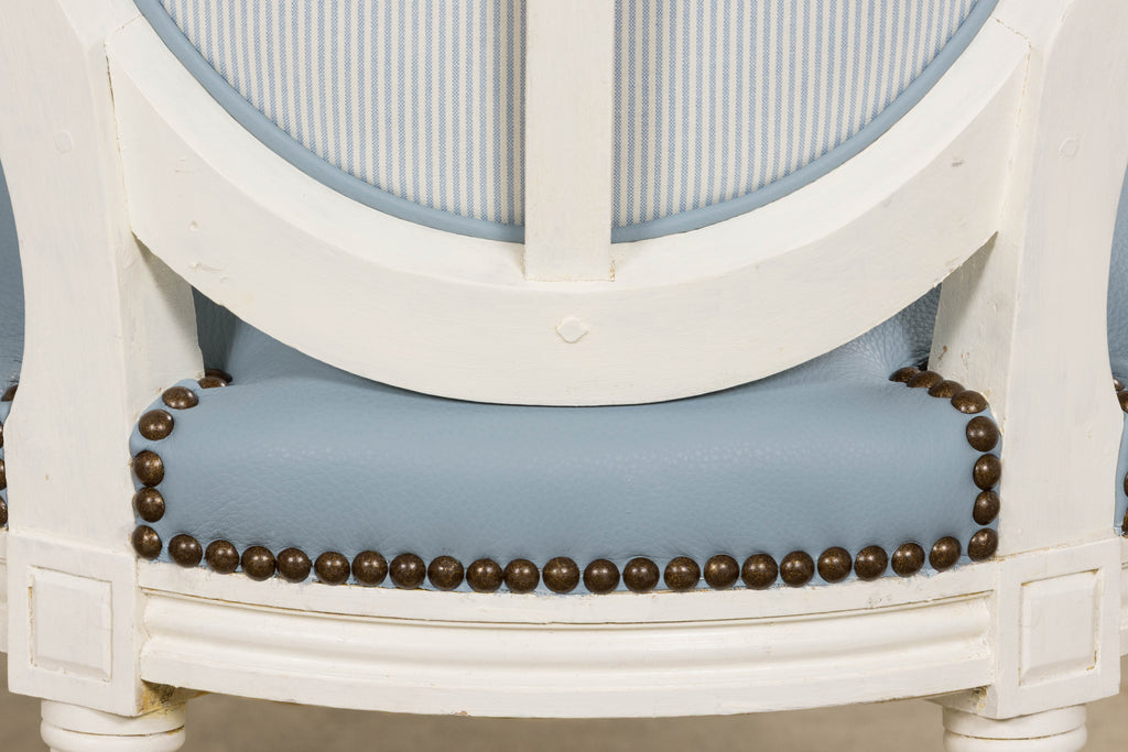 Antique French Louis XVI Style Painted Dining Chairs in Sky Blue Leather - Set of 6