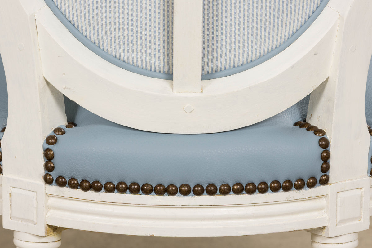 Antique French Louis XVI Style Painted Dining Chairs in Sky Blue Leather - Set of 6