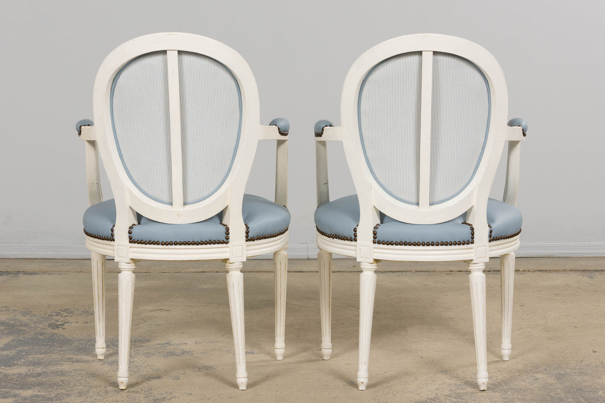 Antique French Louis XVI Style Painted Dining Chairs in Sky Blue Leather - Set of 6