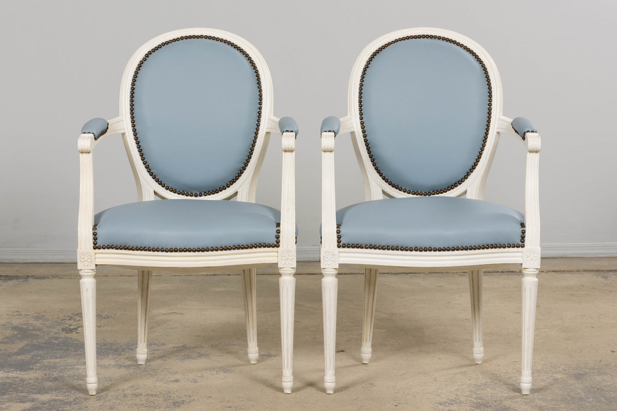 Antique French Louis XVI Style Painted Dining Chairs in Sky Blue Leather - Set of 6
