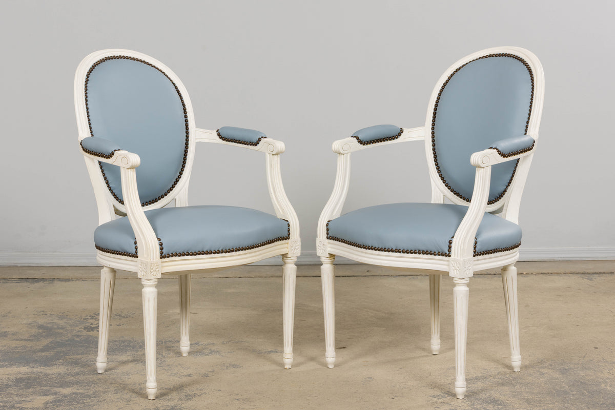 Antique French Louis XVI Style Painted Dining Chairs in Sky Blue Leather - Set of 6